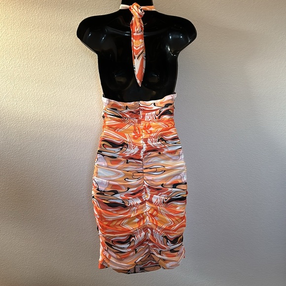 Princess Polly Viviana 70s Mod Swirly Print Cutout Halter Ruched Mini Dress - Picture 9 of 12